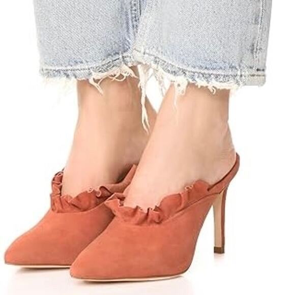 Loeffler Randall Langley Dusty Rose Kid Suede Leather Ruffle Mule Heels - Picture 10 of 10